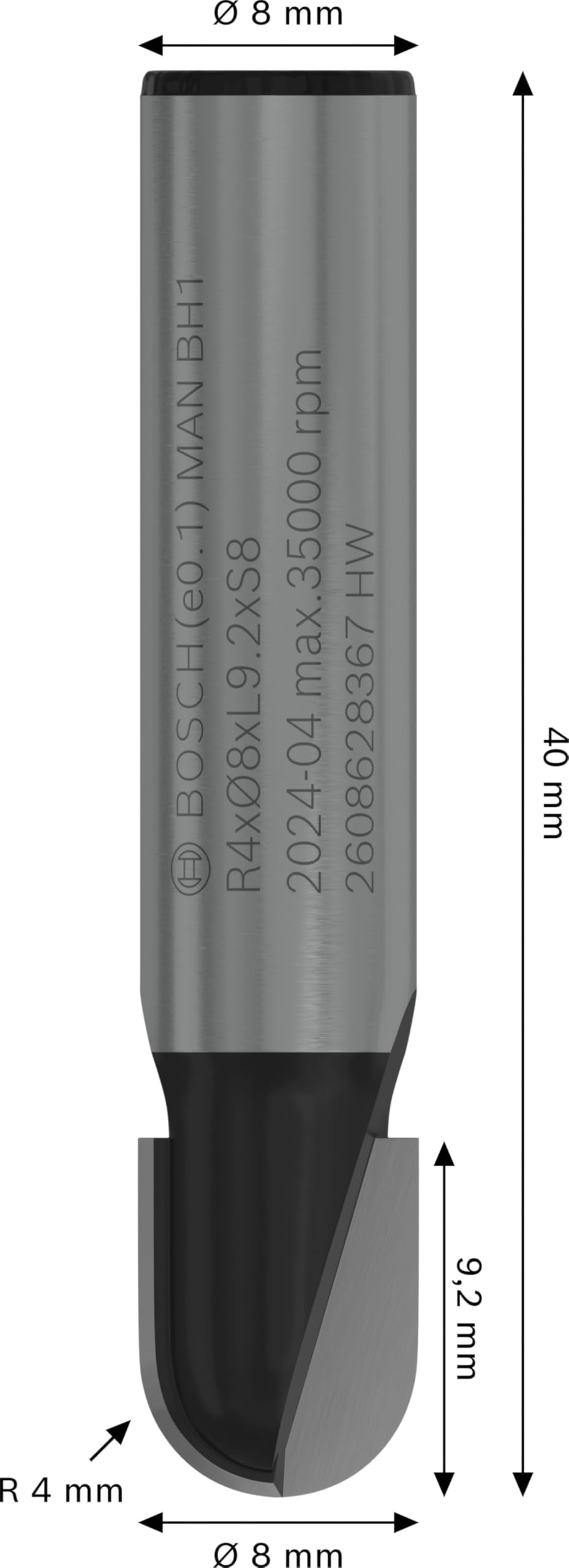 Bosch 2 608 628 aksesuarı 367 oyuklu freze Ç 8 mm, R1 4 mm, Ç 8 mm, U 9,5 mm, G 40 mm