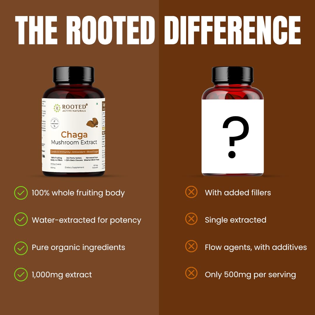 Rooted Active's Organic Chaga Capsules - Immune System Support Supplement, Antioxidant Activity Support, Regulate Body Functions, Immune Support vegan Extract, Dietary Mushroom Supplement (60 Caps) - Image 8 thumbnail