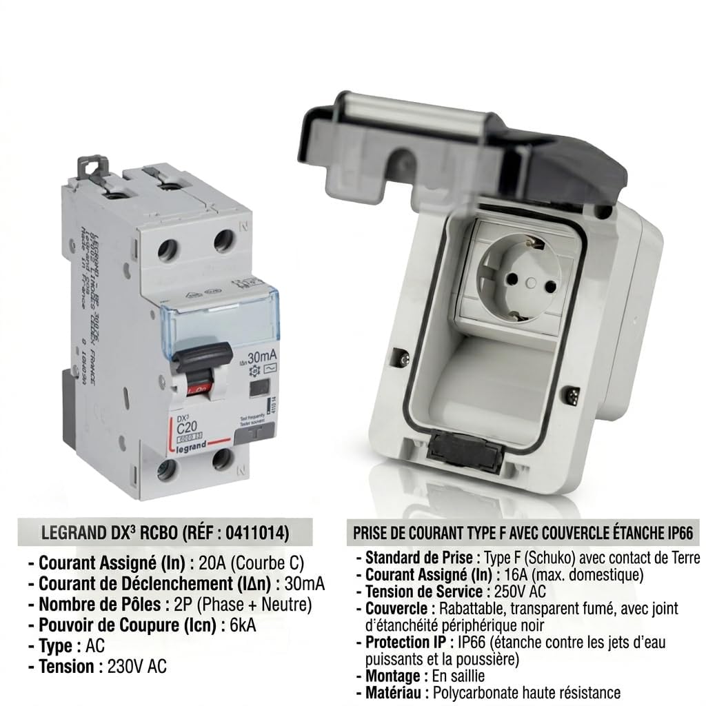 Prise de courant pour véhicules électriques avec dose de charge IP66 et prise FI/LS 20A (Price +RCBO L20A)
