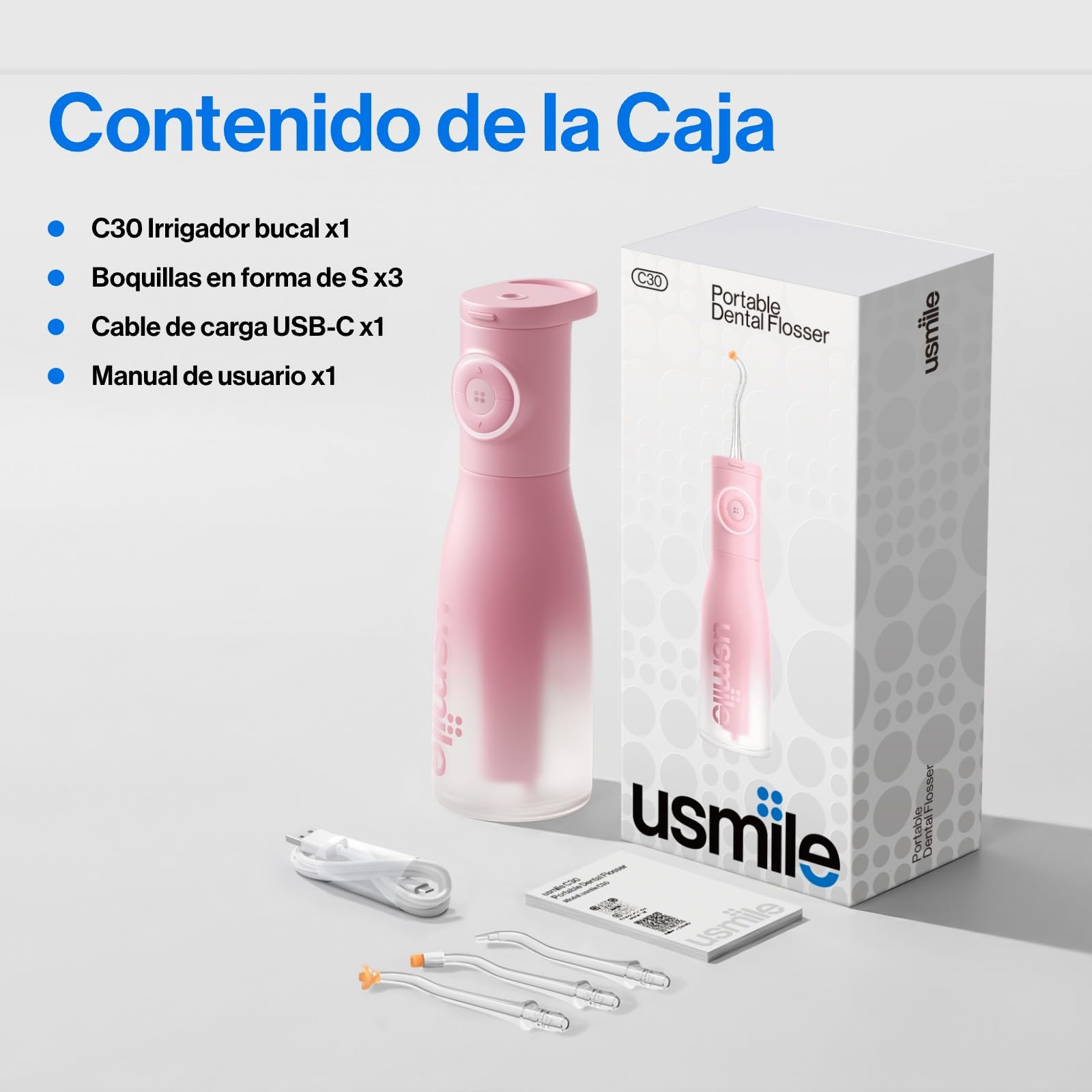 usmile C30 Irrigador Dental Portátil Inalámbrico, Depósito de 300 ml, 5 Niveles de Presión, Boquillas para Ortodoncia e Invisalign, Recargable USB-C, IPX7 Impermeable, Rosa