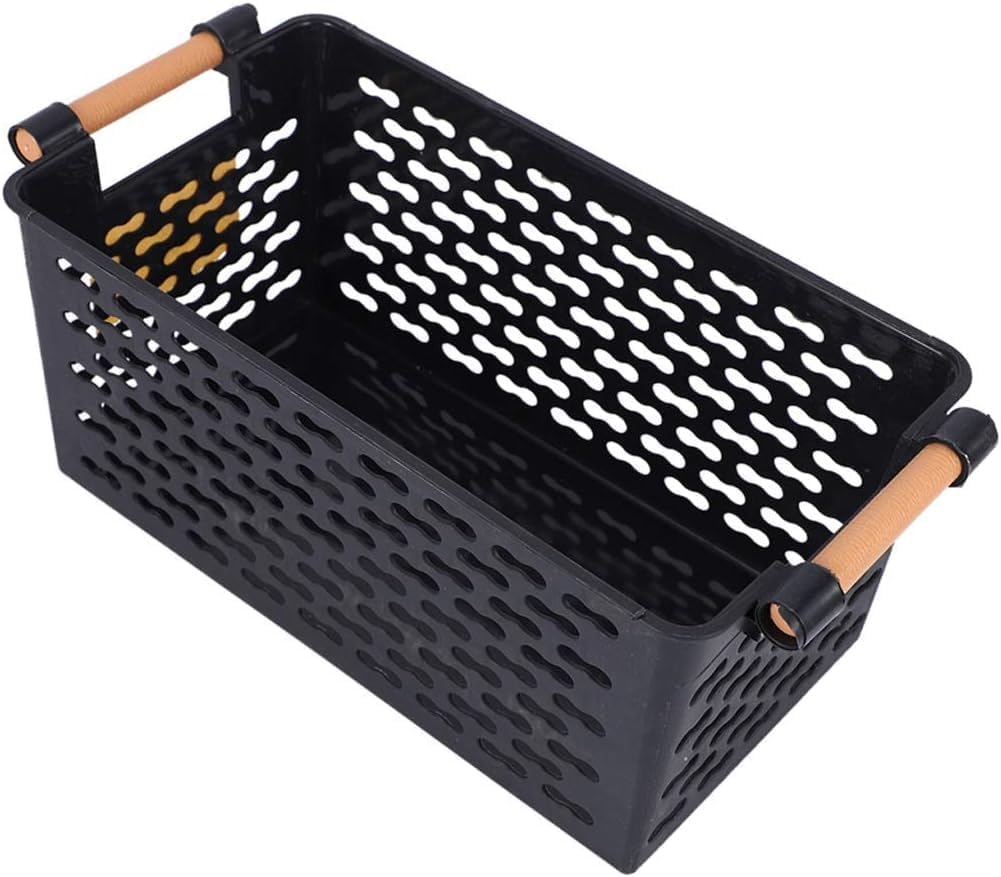 NISHIV Plastic Shelf Organizer Basket with Handles - Portable Kitchen Cabinet Storage Bin - 14x11 Inches - Durable Black Multipurpose Container