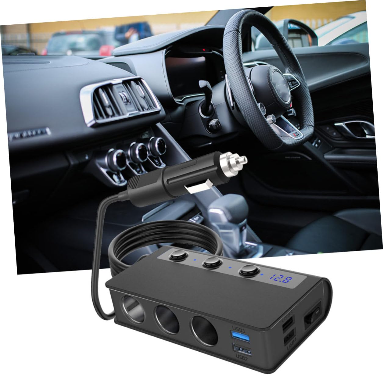Adaptador Cargador para Coche 180 W, 12 V-24 V, 4 Puertos USB y 3 Tomas, Interruptor Independiente y Luz LED
