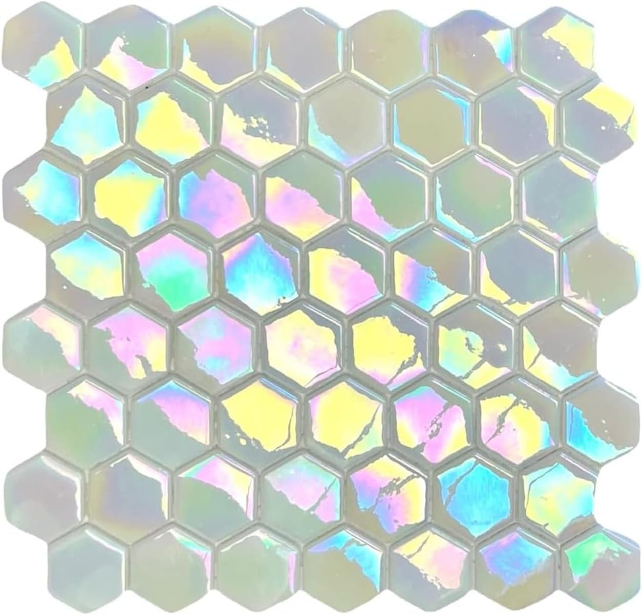 Tenedos Hexagon White Iridescent Recycled Glass Mosaic Tile – 1.5" Exact Size for Pool, Backsplash, Bathroom, Accent Wall – Not Peel and Stick (1