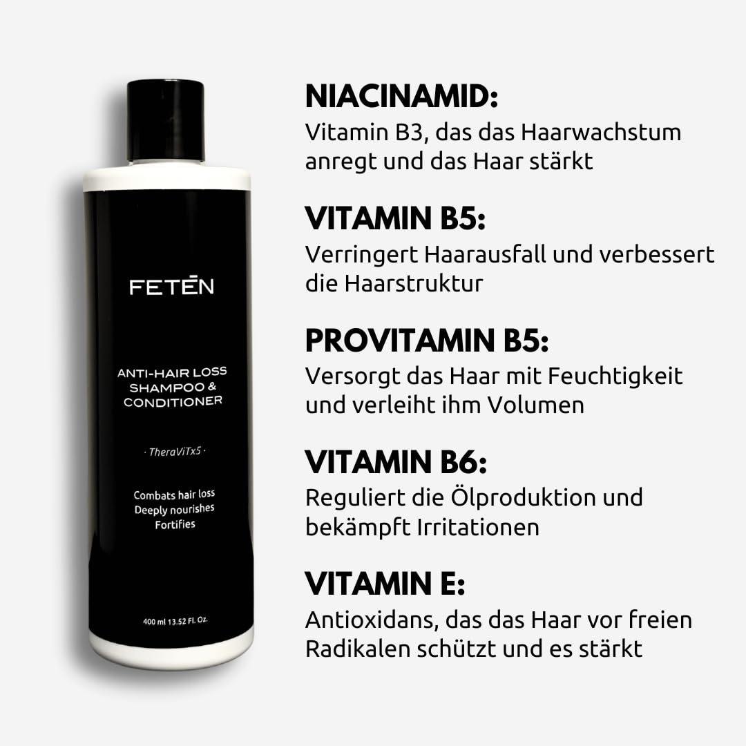 FETEN Anti-Haarausfall Shampoo für Männer, 400 ml, mit Conditioner, gegen Haarausfall und Schuppen, für mehr Volumen und kräftigeres Haar