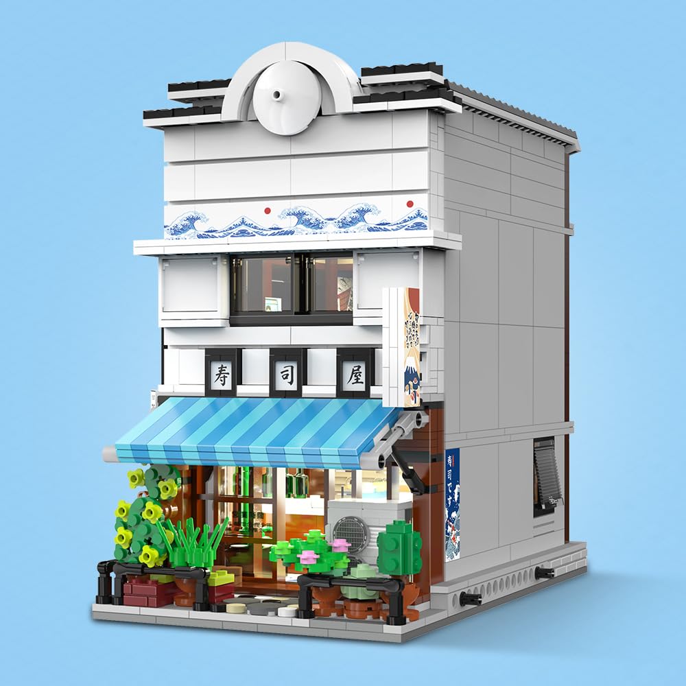 CaDA Master Japanisches Sushi-Haus Bausteinset C66018W Kreativer Stadtbaustein-Bausatz mit Beleuchtung, 1665 Teile Straßenhaus-Idee Geschenk für Erwachsene