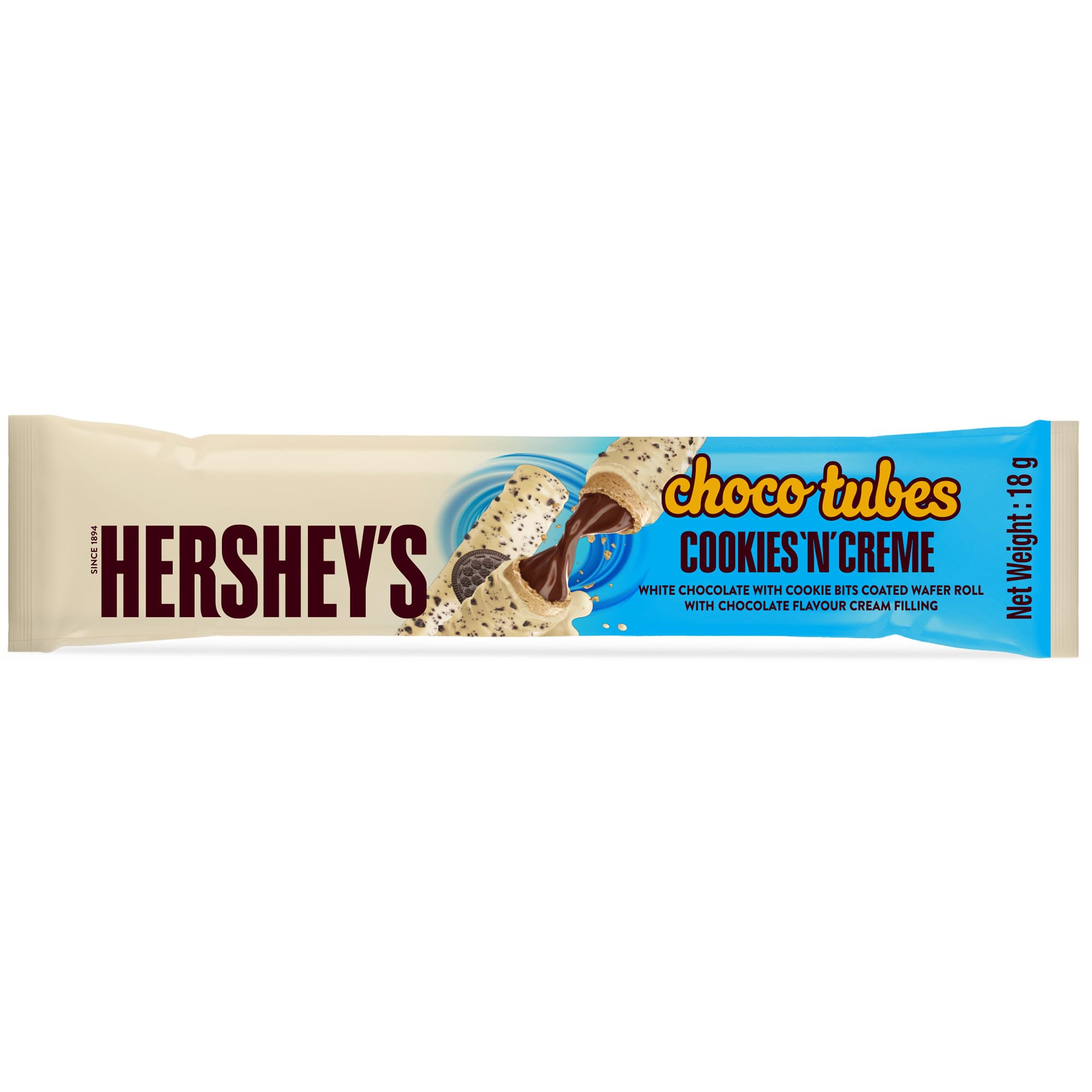 Hershey’s Chocotubes Cookies ‘N’ Creme Wafer Roll, with White Chocolate and Cookie Bits, 18 g