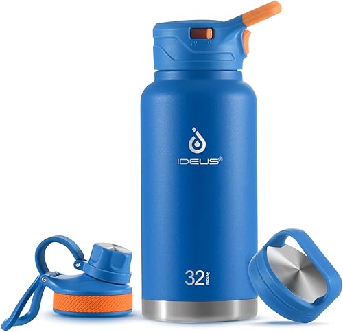 Ideus Botella de agua aislada de acero inoxidable con popote y tapas de boca ancha, termo deportivo reutilizable de doble pared con 3 tapas a prueba