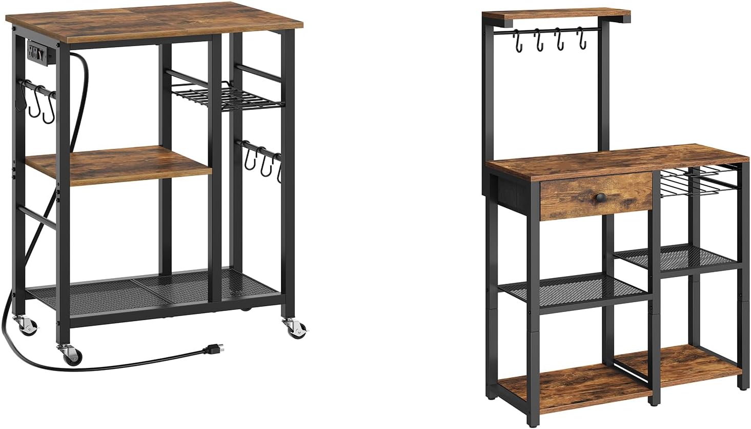 Movable Bakers Rack, Microwave Stand with Charging Station, Bakers Rack with Storage, 5-Tier Coffee Bar Station with Drawer, HB04UBR-KF60BRY1