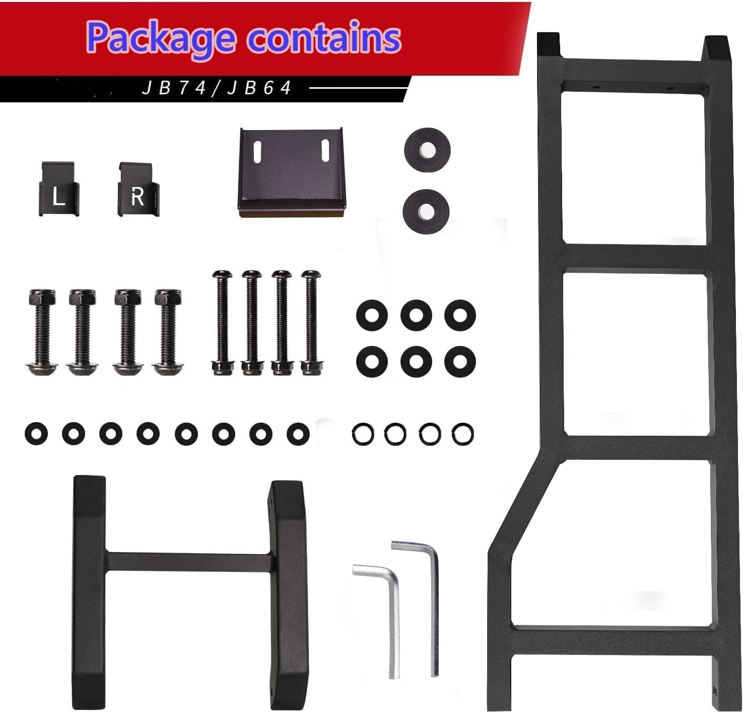 Contents of the Archaic Tailgate Ladder package, including the ladder frame, various bolts, washers, mounting brackets, and tools.