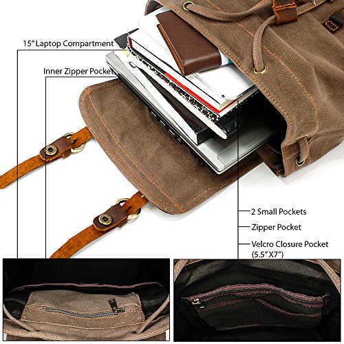 Gearonic 21L Vintage Canvas Backpack For Men Women Leather Rucksack Knapsack 15 Inch Laptop Tote Satchel School Military Army Shoulder Rucksack Hiking Bag-Brown #TOP3