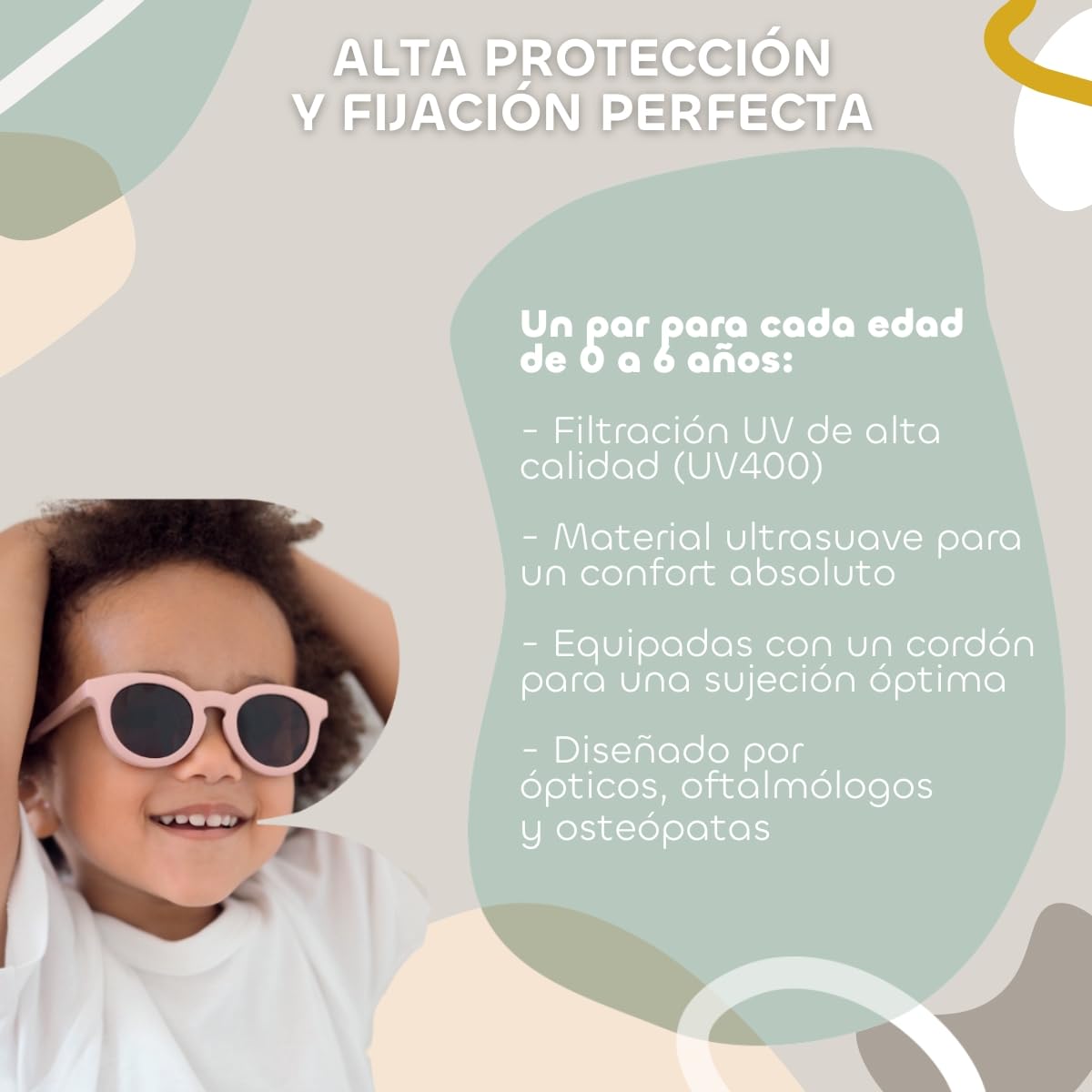 BÉABA, Gafas de Sol para Bebé 9-24 Meses, Protección 100% UV - CAT 3, Protección Lateral, Confort Óptimo, Patillas Ajustables 360°, Adaptables a la Vista, Colección Retro Delight Blush
