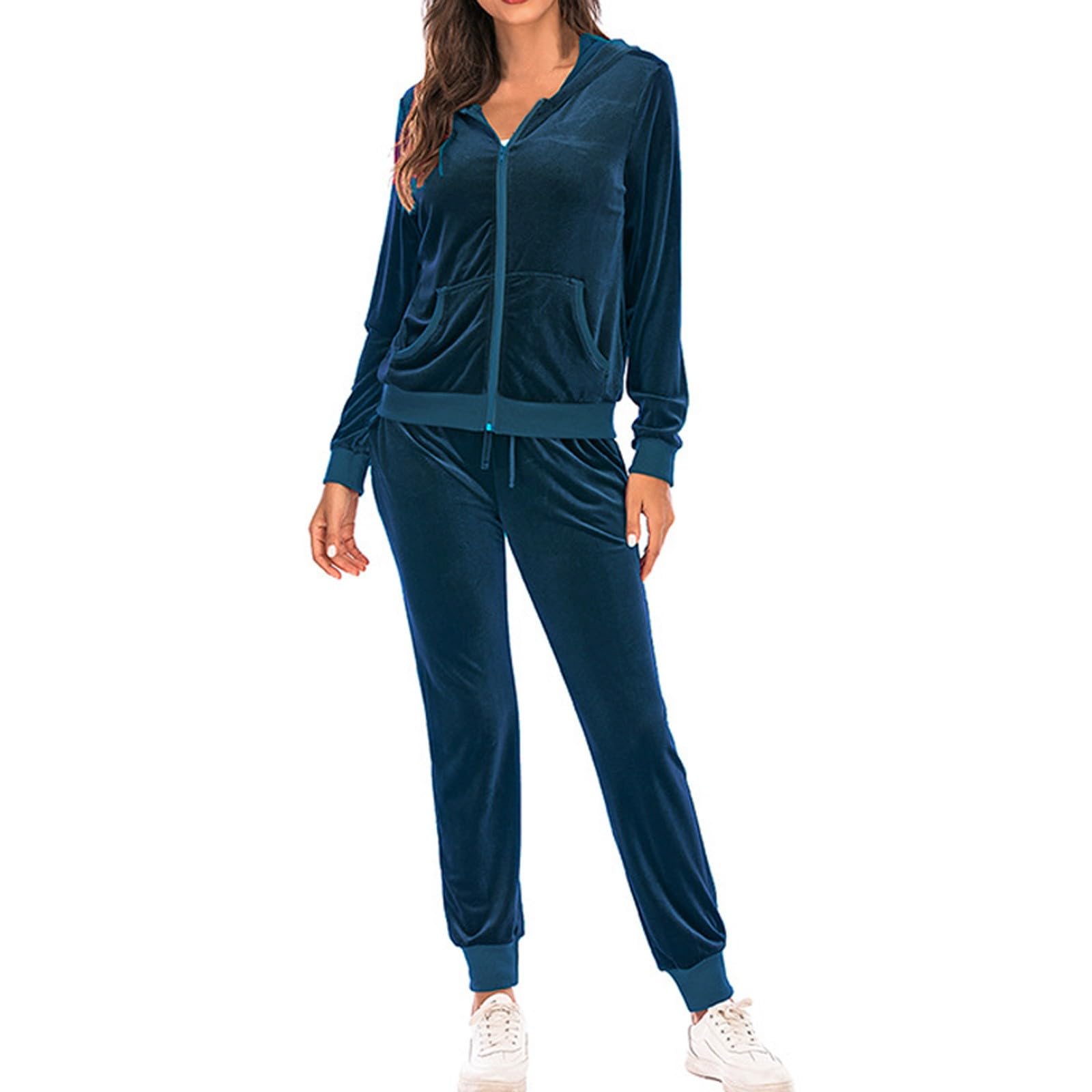 Felpa con cappuccio tinta unita moda casual da donna Camicia con taschino a maniche lunghe Camicetta Cintura con cerniera Set di pantaloni elastici