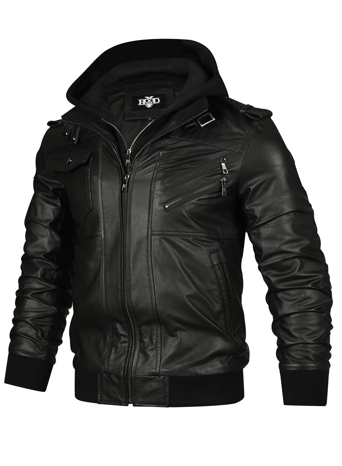 HOOD CREW Echtes Lederjacke Herren Rindsleder Bikerjacke Wintermäntel mit Kapuze für Herren