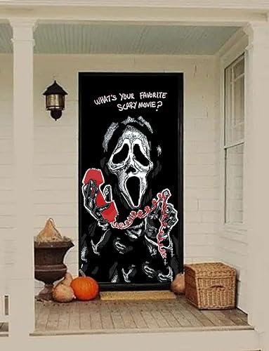 Miniatura 6 de Cubierta para puerta de personaje de película aterradora, 6.6 x 3 pies, perfecta para fiestas de Halloween y cumpleaños de terror