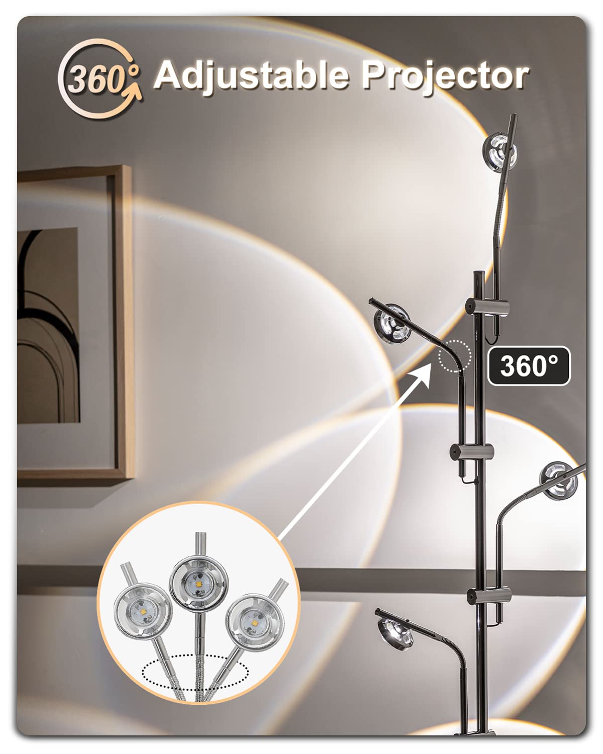 TACAHE 4000K Halo Ambient Floor Lamp - Multi Head Projector with RGB Filters - Light and Shadow LED Mood Lamp - Ambience Decor Lighting for Bedroom, Living Room - 73" - 12W - Chrome