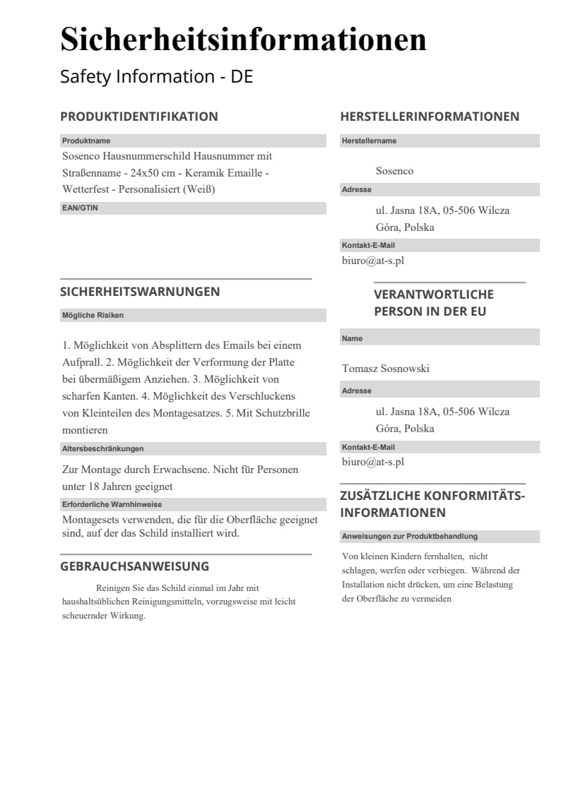 Hausnummerschild Hausnummer mit Straßenname - 24x50 cm - Keramik Emaille - Wetterfest - Personalisiert (Weiß)