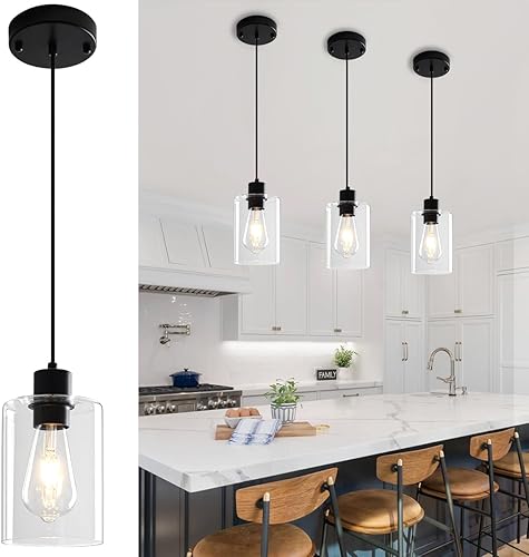 Miniatura 12 de Luces colgantes de cristal para isla de cocina, paquete de 2 unidades, iluminación colgante de cocina negra sobre la isla, lámparas colgantes