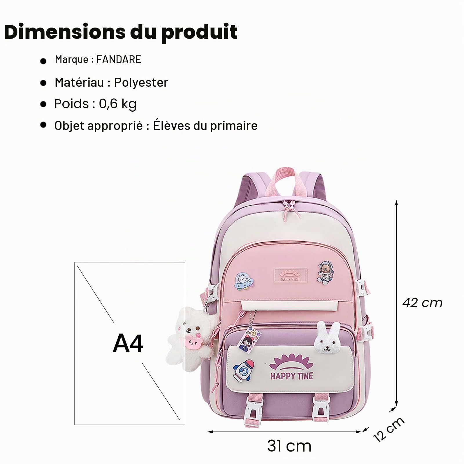 FANDARE Mignon Sac à Dos Enfant Filles Garçons Sacs Scolaires Loisir Maternelle Cartables Sacs d'École Voyage avec Ceinture de Fixation de Bagages Rose