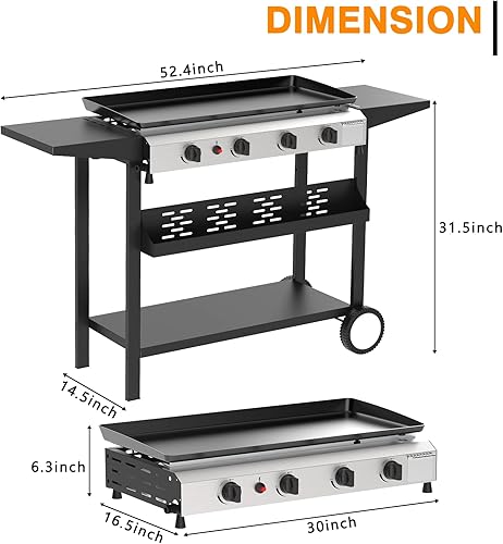 Miniatura 7 de Parrilla de gas para barbacoa de 30 pulgadas, 4 quemadores, acero inoxidable, portátil, desmontable, 40,000 BTU, parrilla de propano para acampar o