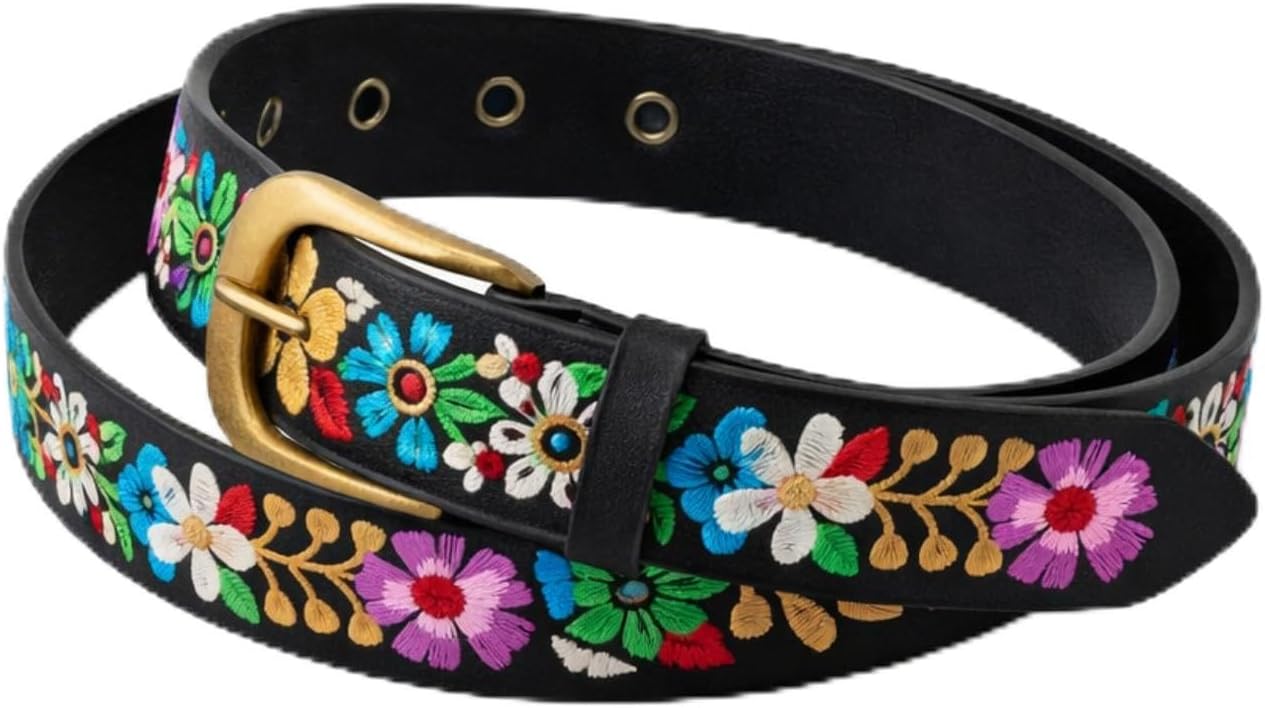 Geyoga Mexican Floral Embroidered Belt for Women - Boho Western PU Leather Belt for Dresses, Jeans, Cinco de Mayo Parties (110cm Long)