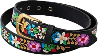 Geyoga Mexican Floral Belt for Women Embroidered | PU Leather Western Boho Decor for Dress Jeans, Peruvian Flower Waist Accessory, Cinco De Mayo Luau Party Fashion Outfit