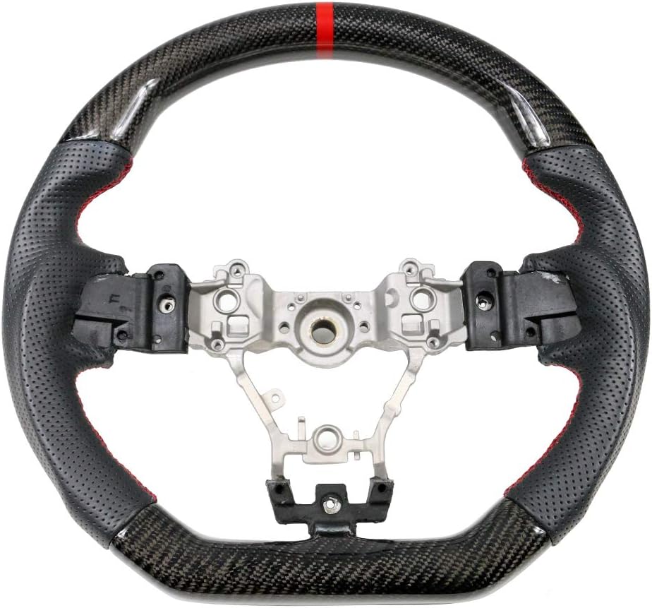 IKON MOTORSPORTS Steering Wheel Compatible With 2015-2021 Subaru WRX & STI w/Breathable Anti-Slip Cover CF + Perforated Leather + Red Stitching + Red Ring