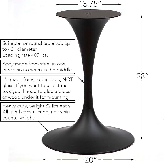Rusty Design Tulip Shaped Round Table Base 28 Inch Tall Leg #LK2028 (Black)