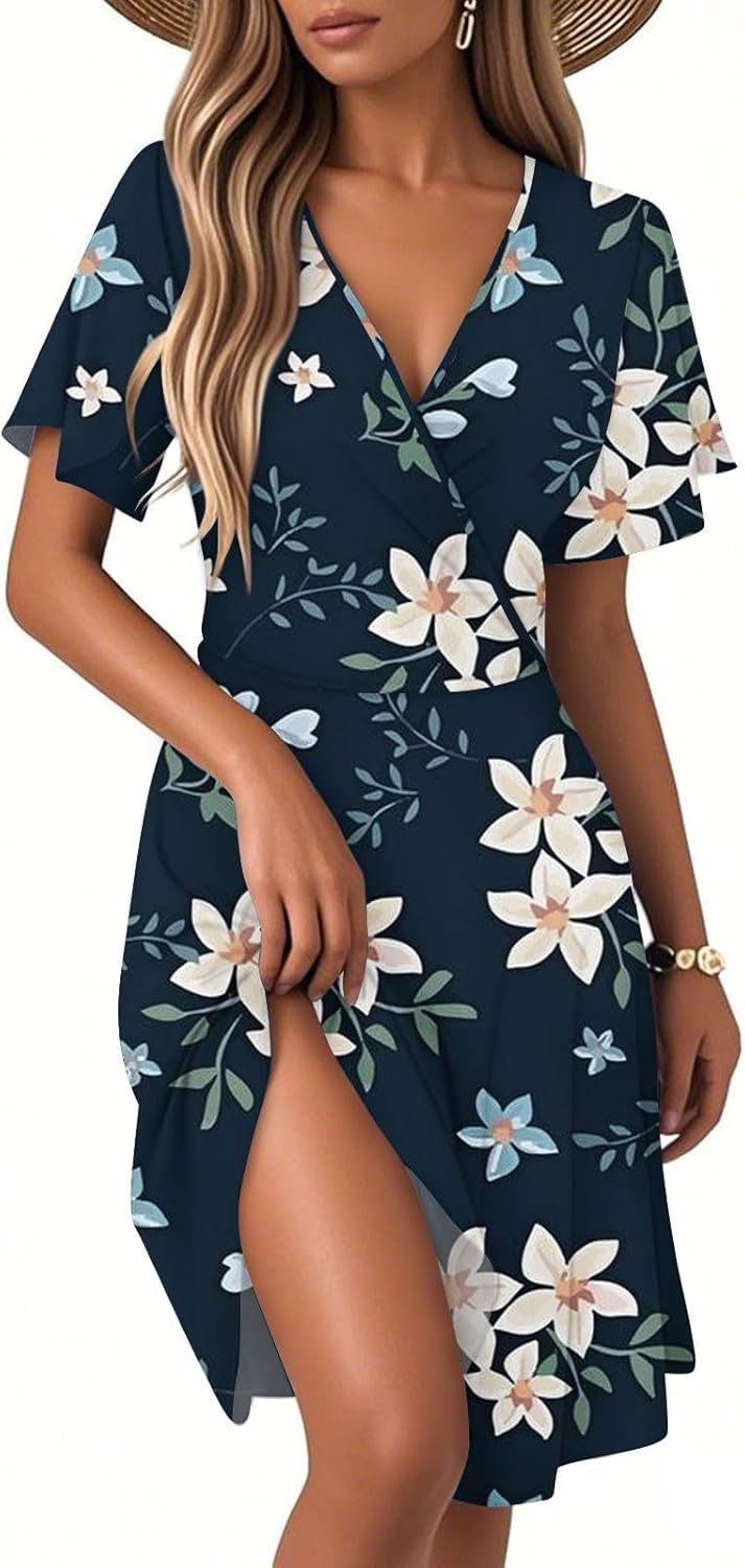 Boho Dresses for Women 2025 Elegant Classy Summer Beach Floral Casual V Neck Knee Length Sundress with Sleeves