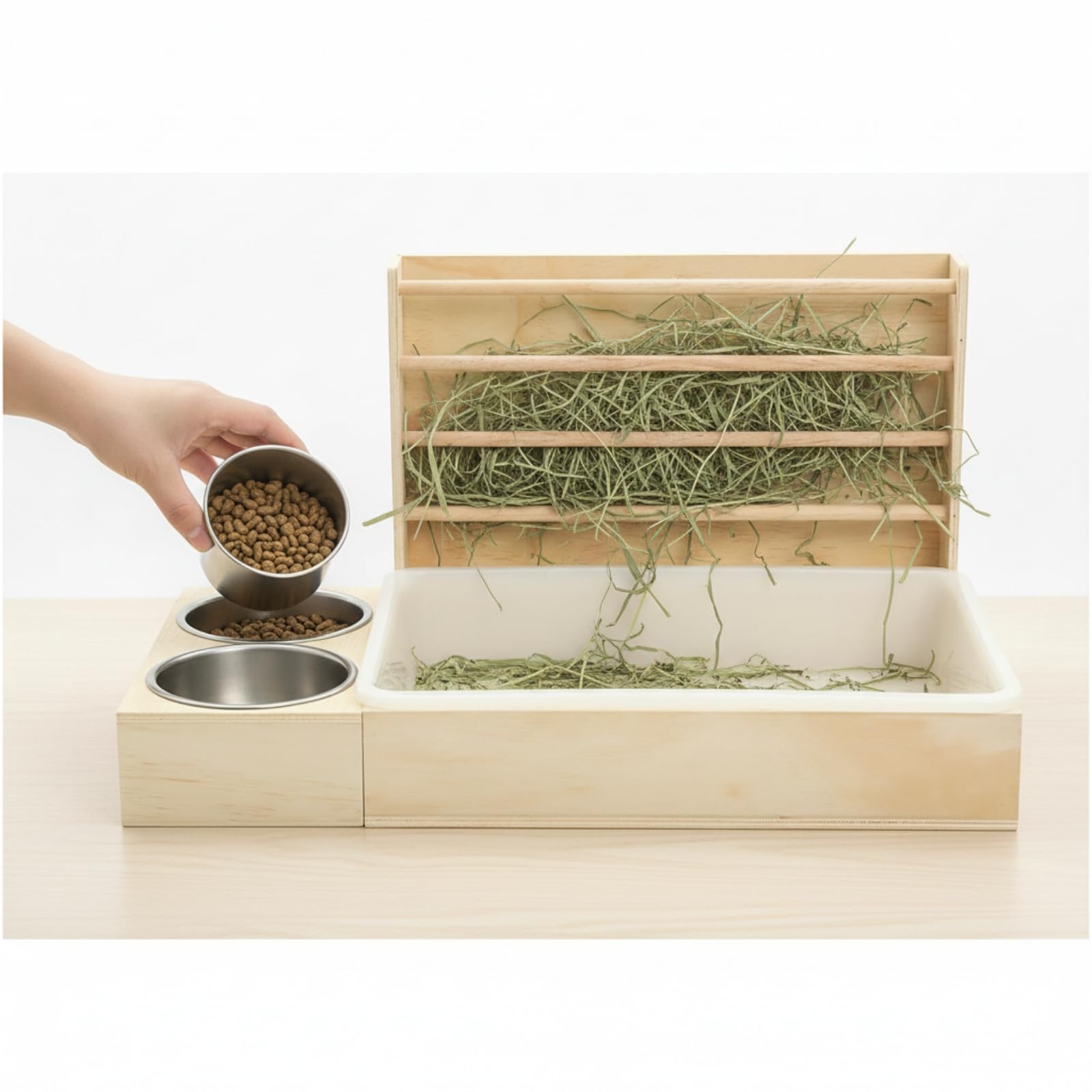 Mangeoire en Bois avec Gamelles Robuste Râtelier à Foin avec Écuelle Amovible Distributeur pour Cochons D'In, Intérieur