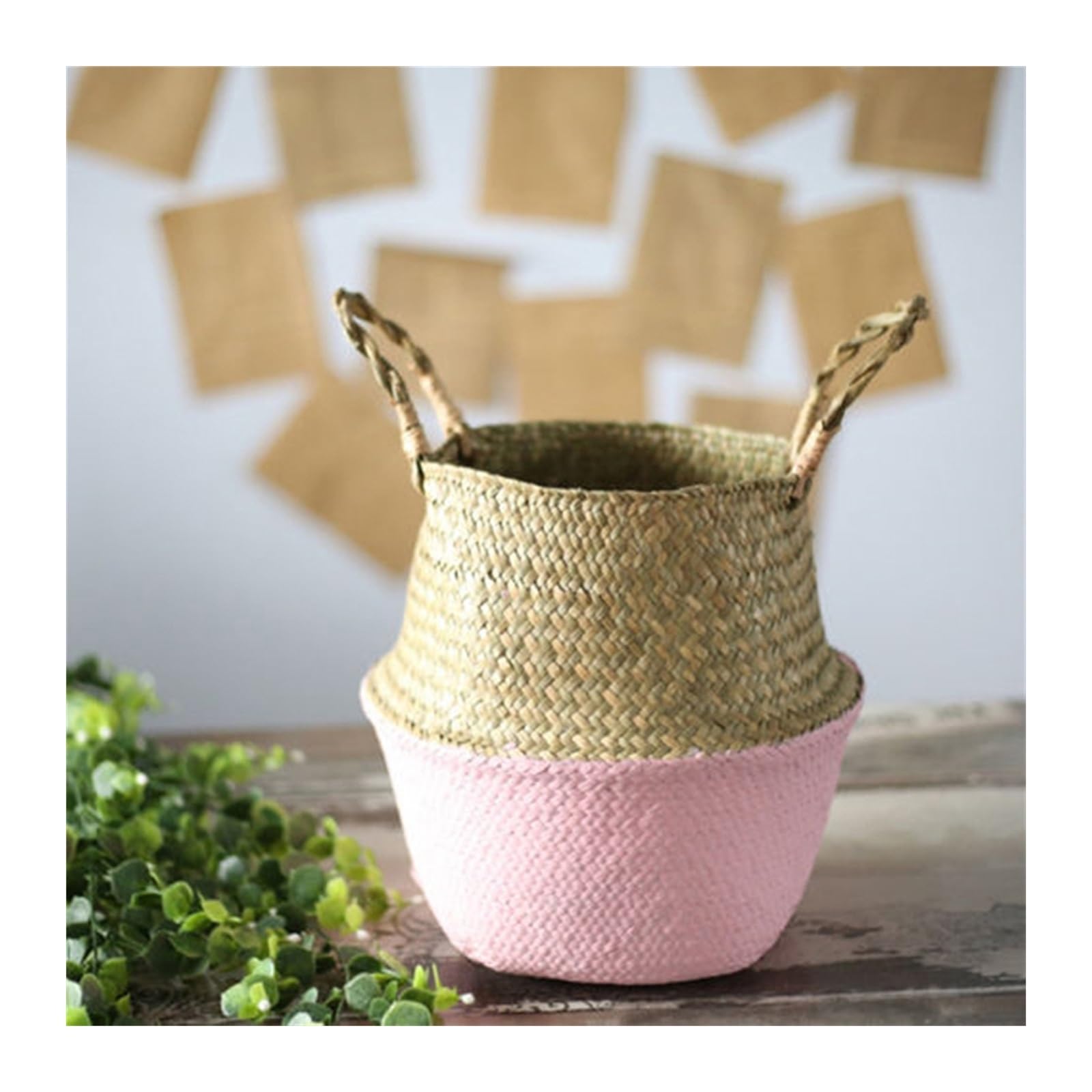 XPSHP25112 indoor plant pot Plant Pots Bamboo Storage Basket Foldable Decorative Patchwork Woven Green ArrangementFlower Minimalist Flower Decoration For balcony decoration(Pink)