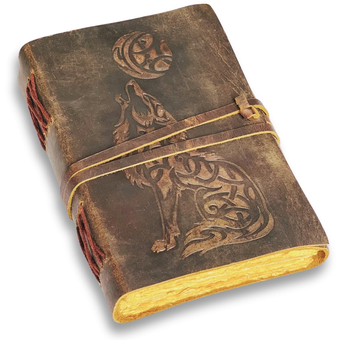 Clever wolf leather journal for men grimoire journal with lock leather journals for women, bound dairy cuadernos para mujer witchcraft supplies spell book sketch book notebook 7x5 Wolf gift 200 pages