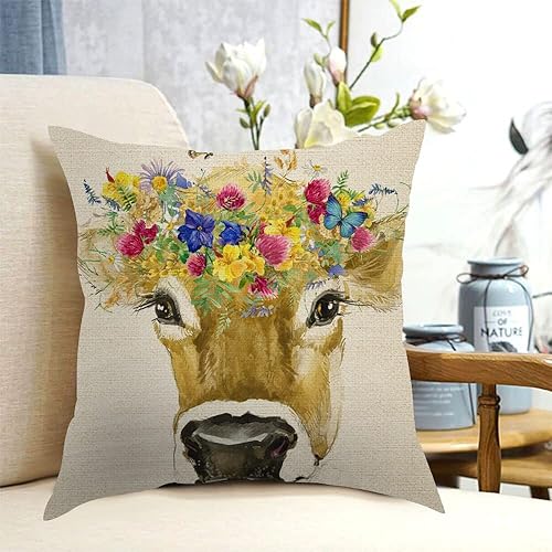 Miniatura 2 de Fundas de almohada cuadradas de lino con diseño de vaca en acuarela de 18 x 18 pulgadas, fundas de cojín decorativas para sofá, dormitorio, sala de