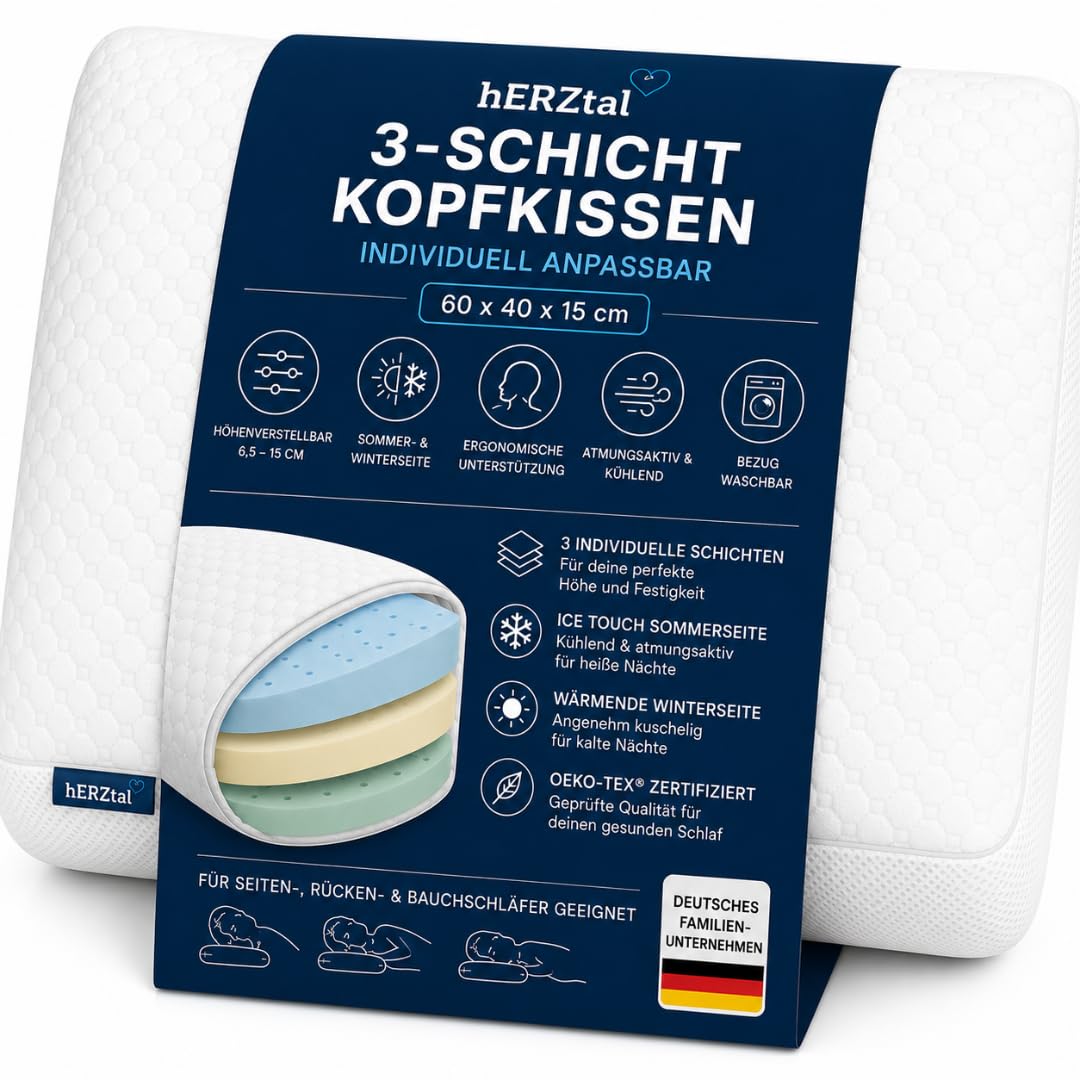 Ergonomisches Kopfkissen 40x60 cm Höhenverstellbar – Orthopädisches Nackenkissen mit Sommer- & Winterseite – Memory Foam Kissen für Seiten-, Rücken- & Bauchschläfer – Oeko-TEX