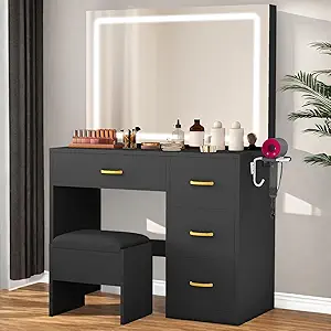 DWVO Makeup Vanity Table, Vanity Desk Set with Large Mirror, LED Lights with Adjustable Brightness, Bedroom Vanity Table with 4 Drawers and Cushioned Stool