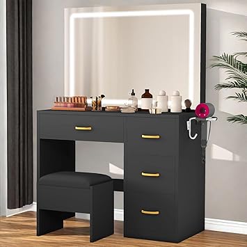 DWVO Makeup Vanity Table, Vanity Desk Set with Large Mirror, LED Lights with Adjustable Brightness, Bedroom Vanity Table with 4 Drawers and Cushioned Stool