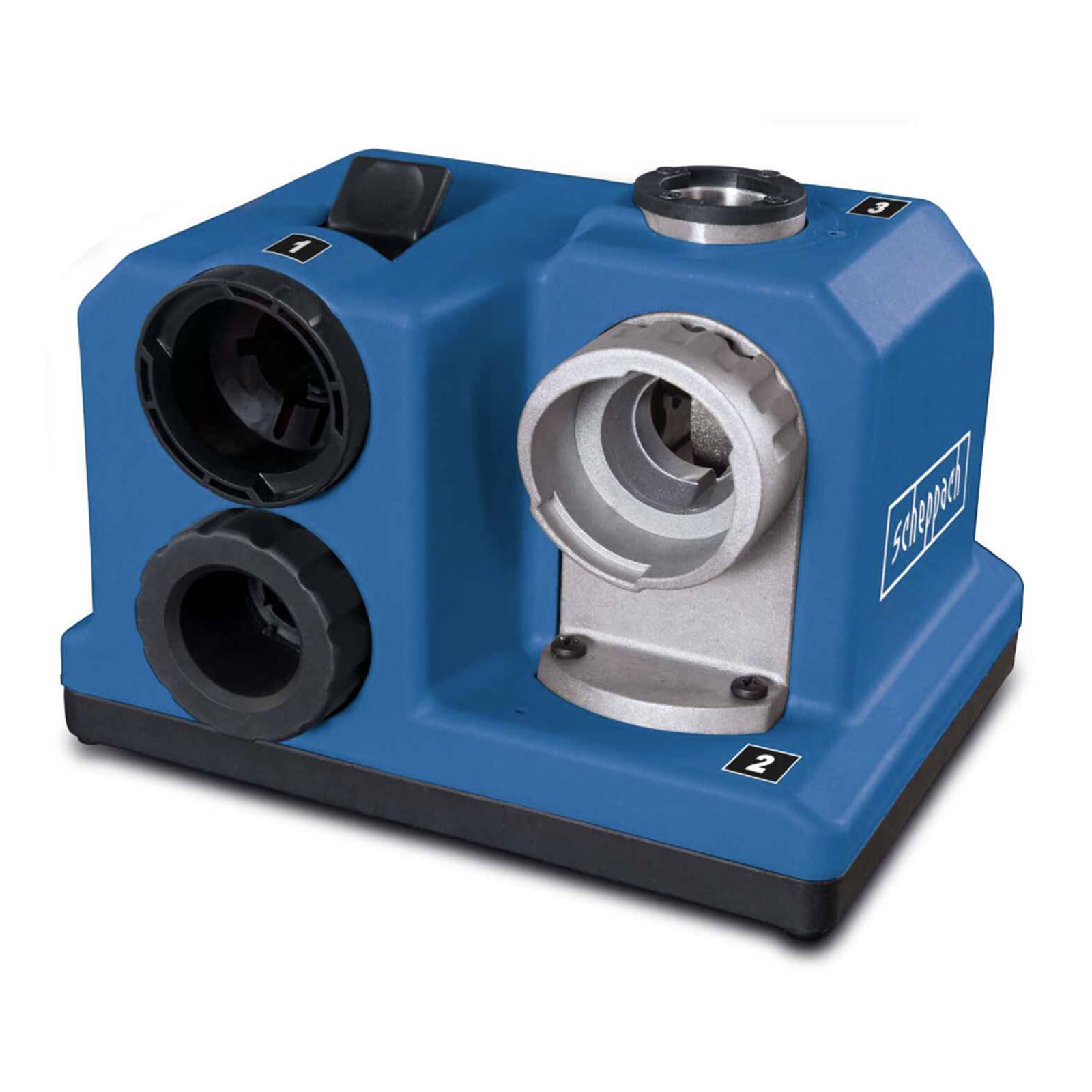 Scheppach DBS800 features: 80W motor, compact size, diamond grinding stone, 118 degree point angle