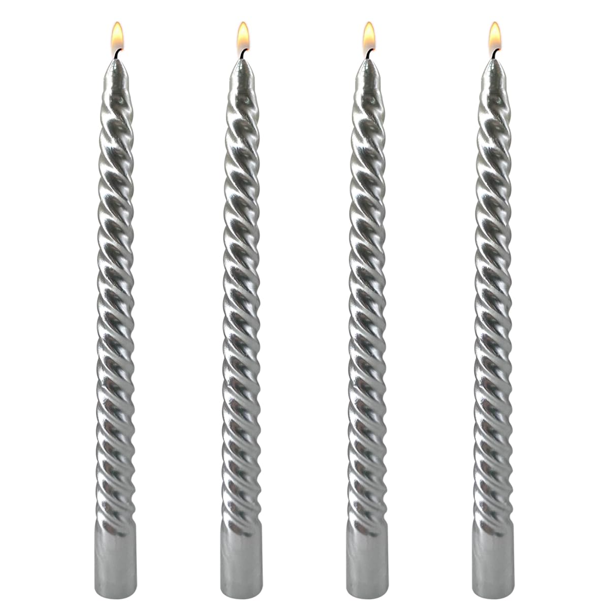 4 Pack 10 Inch Silver Spiral Taper Candles for Christmas Dinner Home Décor Weddings and Celebrations - Dripless and Unscented Candlesticks, 8 Hours Burn Time