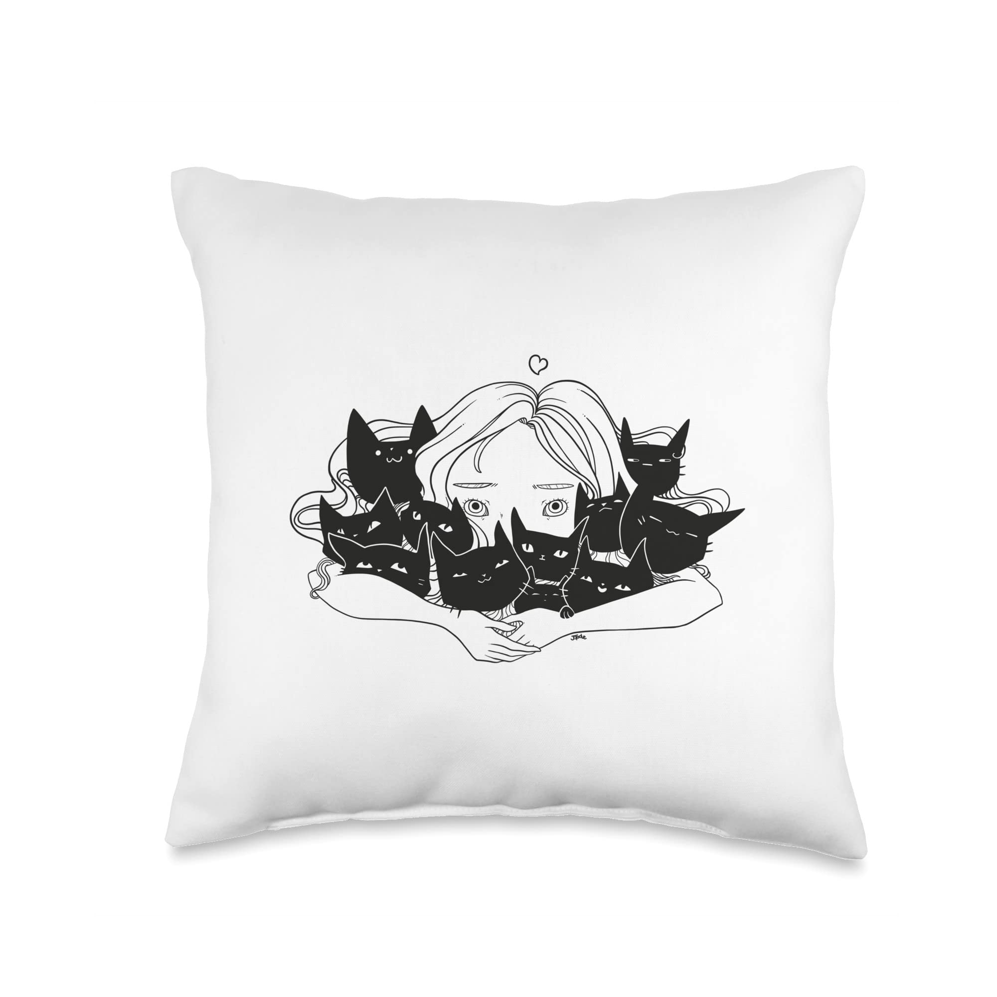 Cute Cat Art By CellsDividing Girl Holding Cute Black Cats, Kawaii Anime Artwork Throw Pillow, 16x16, Multicolor