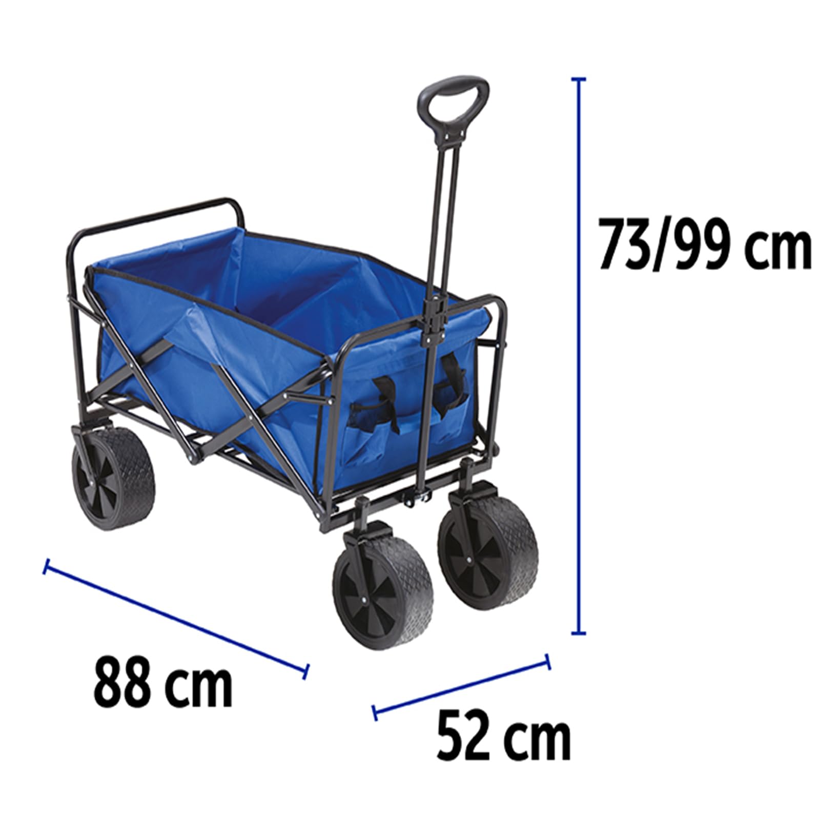 Carrello trasporto cose Pieghevole Multiuso da Giardino e Spiaggia Portata 100kg 4 ruote Struttura richiudibile in Acciaio e Tessuto Oxford blu Tempo Libero carriola vano cm 52x 88