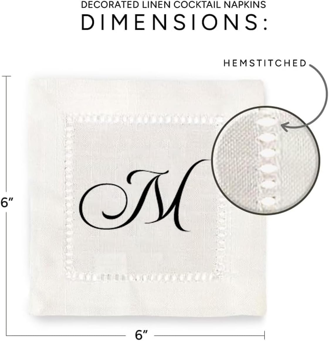 Jolitee Decorative Hemstitch Cocktail Napkins with Printed Initials M – 6"x6" Linen-Like Washable Fabric – Handmade Cloth Napkins for Entertaining, Parties, and Everyday Use
