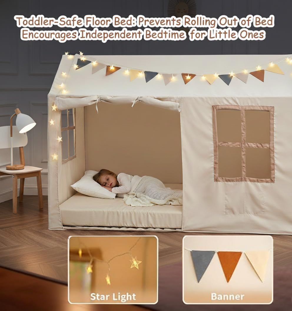 Twin Bed Tent Indoor Bed Canopy Kids Tents for Girls Boys with 2 Doors, Breathable Private Space Floor Fort Bed Tents for Kids Sleeping Tent (Twin, Khaki)