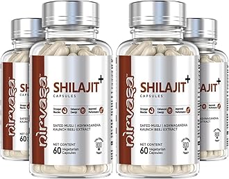 Nirvasa Pure Shilajit/Shilajeet (800mg) 4x60 Capsules | Boost Strength, Stamina, Energy & Immunity | Supports Vitality, Performance & Muscle Growth | Ashwagandha, Safed Musli & Kaunch Beej (Pack of 4)