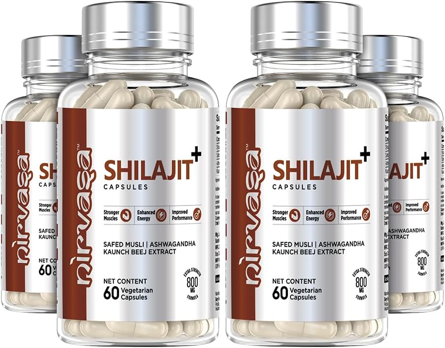 Nirvasa Pure Shilajit/Shilajeet (800mg) 4x60 Capsules | Boost Strength, Stamina, Energy & Immunity | Supports Vitality, Performance & Muscle Growth | Ashwagandha, Safed Musli & Kaunch Beej (Pack of 4)