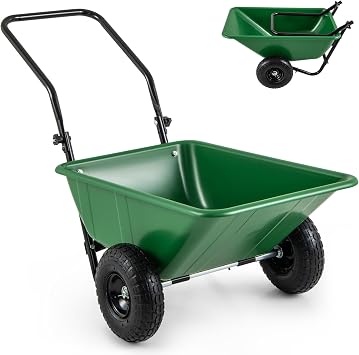 GiantexUK 2-Wheeled Wheelbarrow 80L, Garden Cart with Foldable Handle & Twin Pneumatic Tyres, Heavy-duty Metal Garden Trolley Handcart for Tools Plants Transport Green+Black
