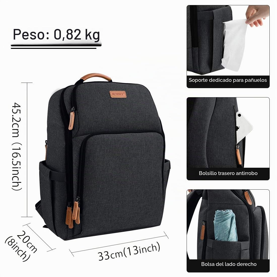 NEWHEY Mochilas de pañales para bebé impermeable gran capacidad bolsa de viaje multifunción mochila vec 2 correas de cochecito para mamá papá
