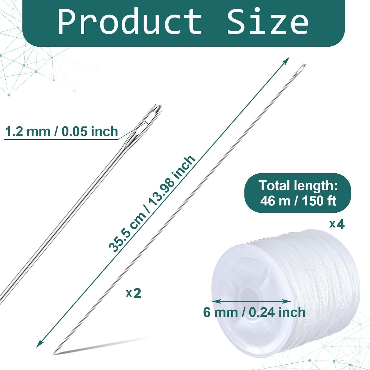 GliCraft 6 Pcs Lei Needle Kit Include 2 Pcs 14 Inch Large Eye Lei Long Sewing Needle 4 Lei Needle Twine 150 Feet Per Roll for DIY Graduation Hawaiian Flower Lei Making Malay Flowers Wreath Accessory