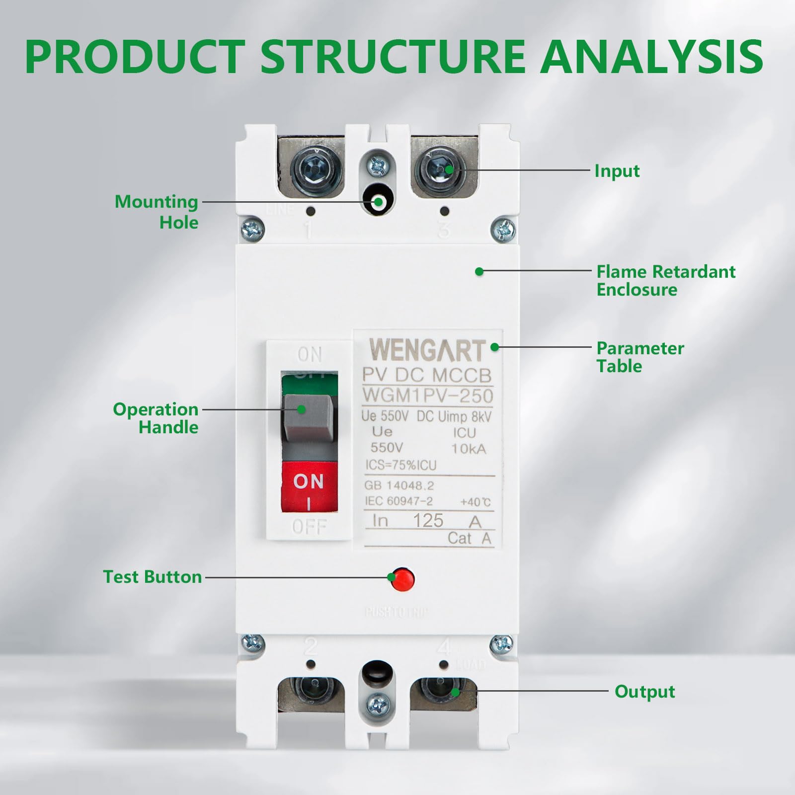 Wengart DC-Leistungsschalter 125A 550V 2P – WGM1PV-250 MCCB für Photovoltaik & Batteriespeicher – DC-Hauptschalter mit 25kA Trennvermögen – Sicherer Lasttrennschalter für Solarsysteme