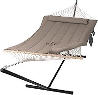 Vista 24 de SUNCREAT Hamaca doble para exteriores con soporte, hamaca de cuerda de algodón para dos personas con almohadilla de poliéster, gris oscuro