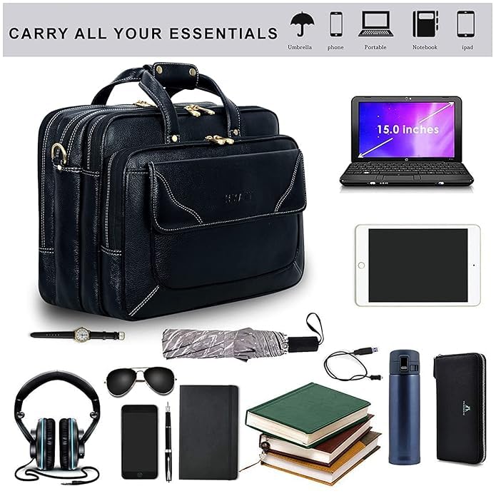 Image of Full-Grain Natural Genuine Pure Orginal Leather Office Briefcase Laptop Messenger Shoulder Bags For Mens Man Office Use 15.6 Inch cabin szie travelling Size-L-16'' X H-12'' X W- 6''