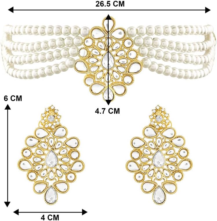 Aheli Kundan Studded Choker Necklace & Dangle Earrings Ethnic Fashion Bharatanatyam jewellery set Gift for Women - Image 3